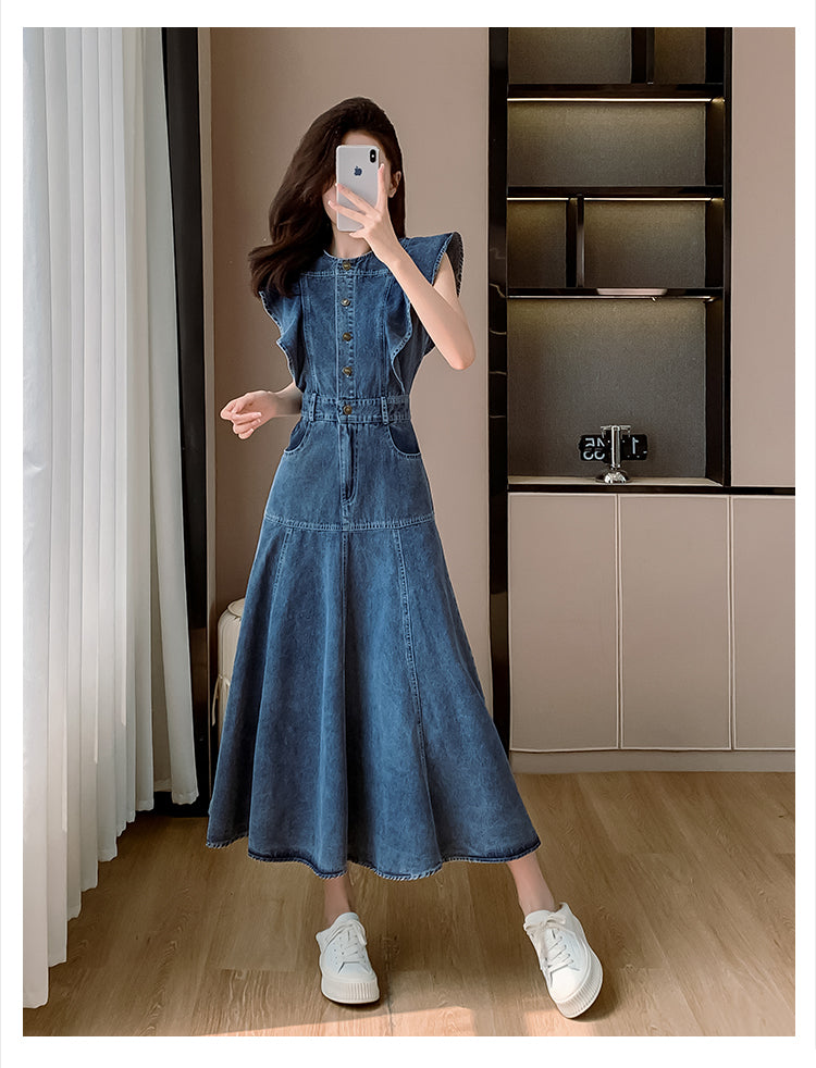 Denim Dress Midi Dress Ruffled Skirt A-Line Skirt Casual Korean Style Flying Sleeves Round Neck Short Sleeves