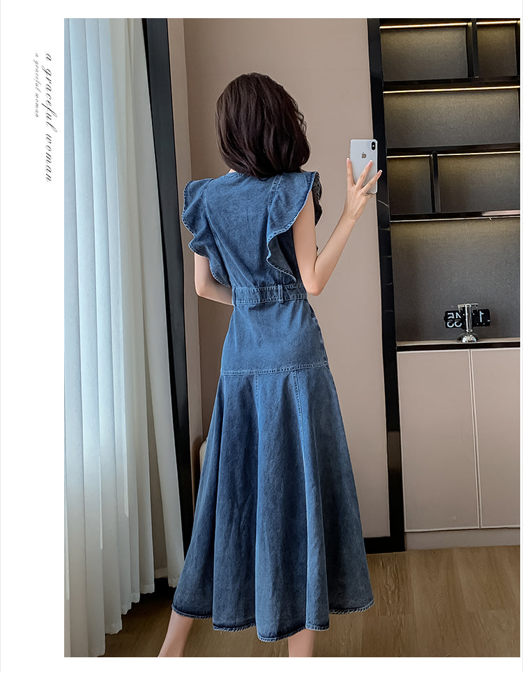 Denim Dress Midi Dress Ruffled Skirt A-Line Skirt Casual Korean Style Flying Sleeves Round Neck Short Sleeves