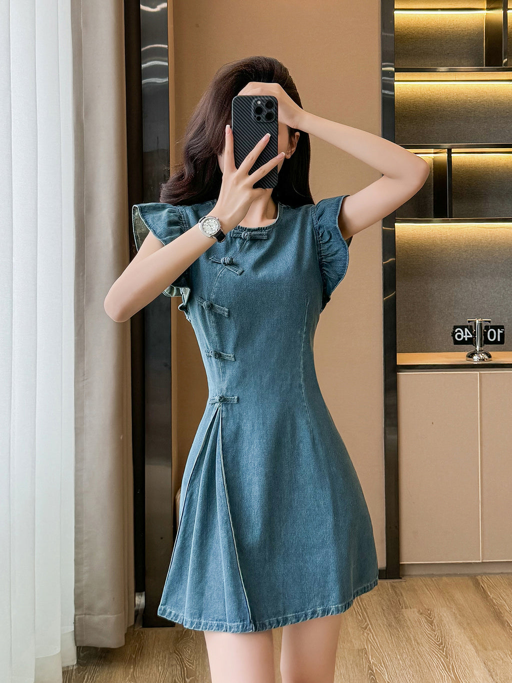 Cowboy dress, short skirt, new Chinese style, round neck, A-line, waist - slimming, high - waisted, figure - flattering