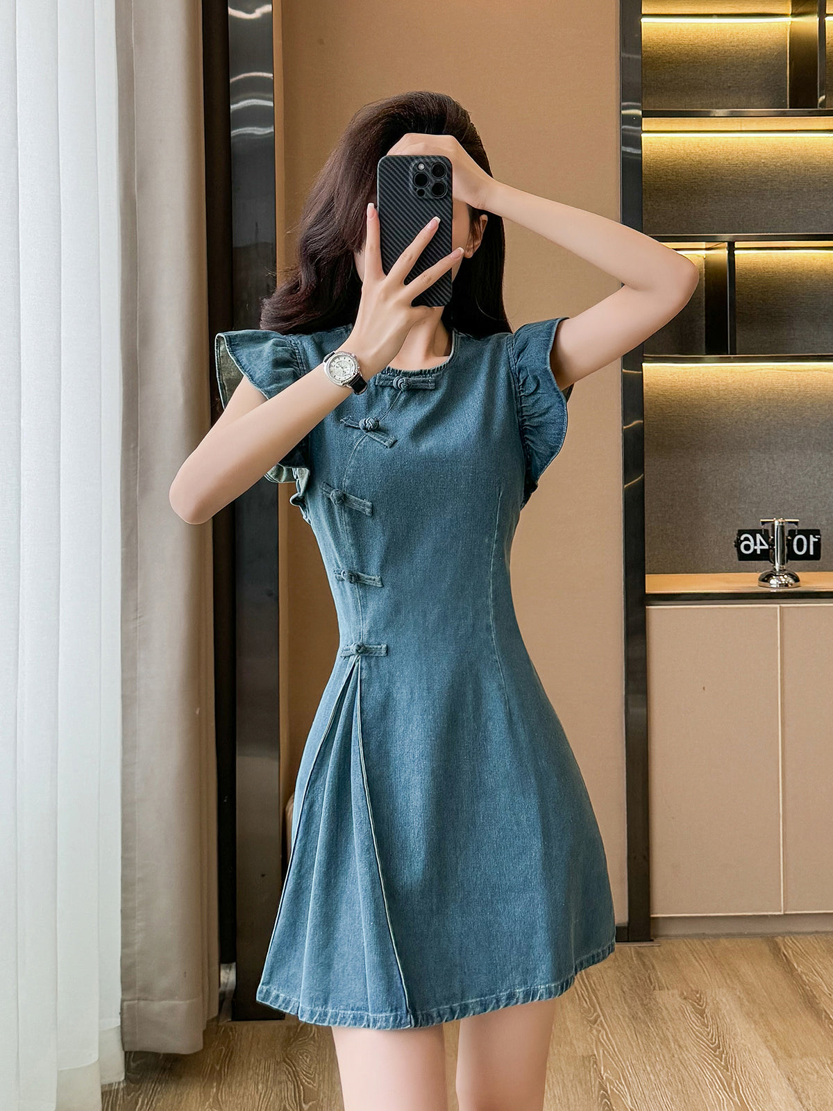 Cowboy dress, short skirt, new Chinese style, round neck, A-line, waist - slimming, high - waisted, figure - flattering