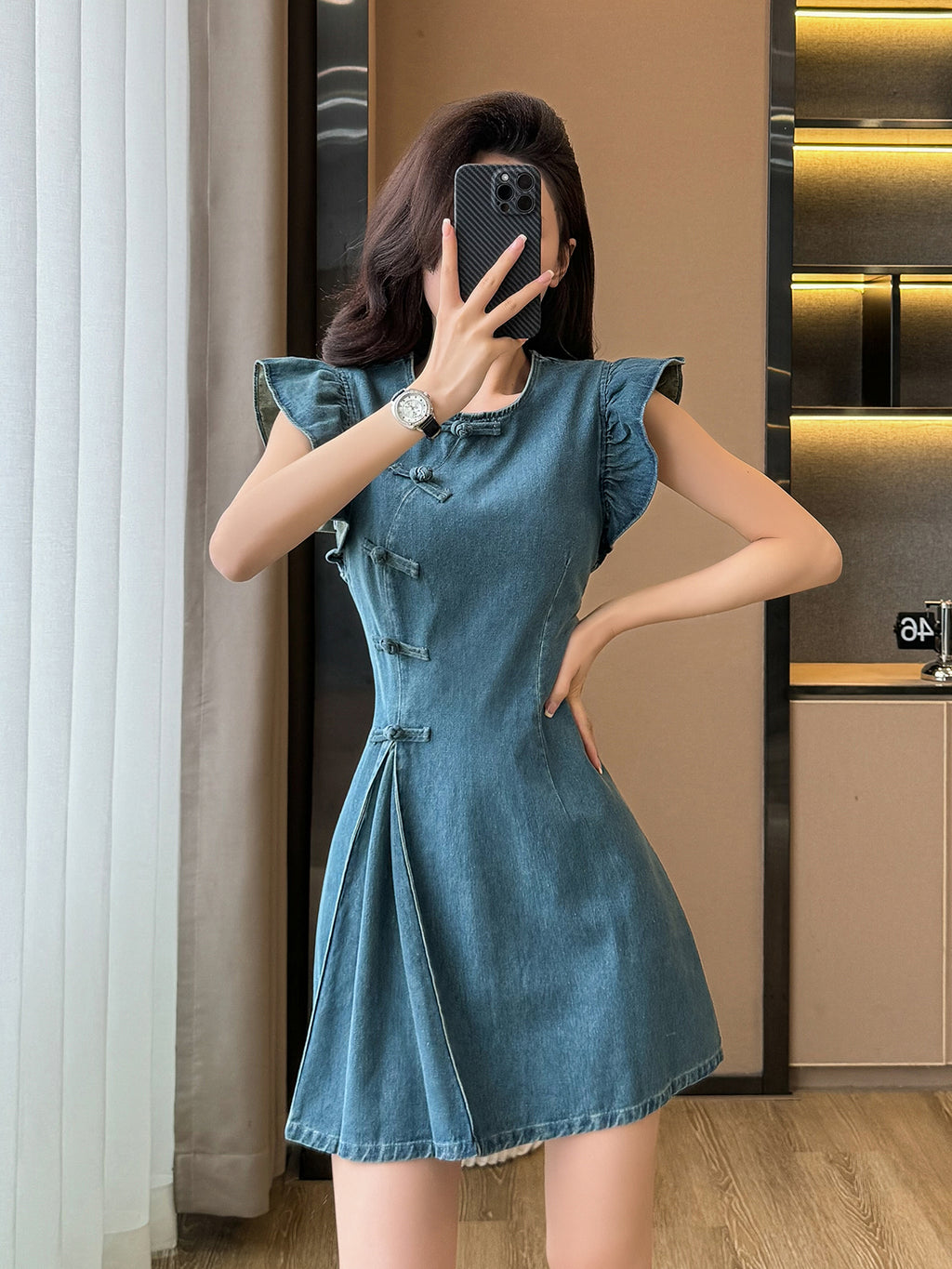 Cowboy dress, short skirt, new Chinese style, round neck, A-line, waist - slimming, high - waisted, figure - flattering