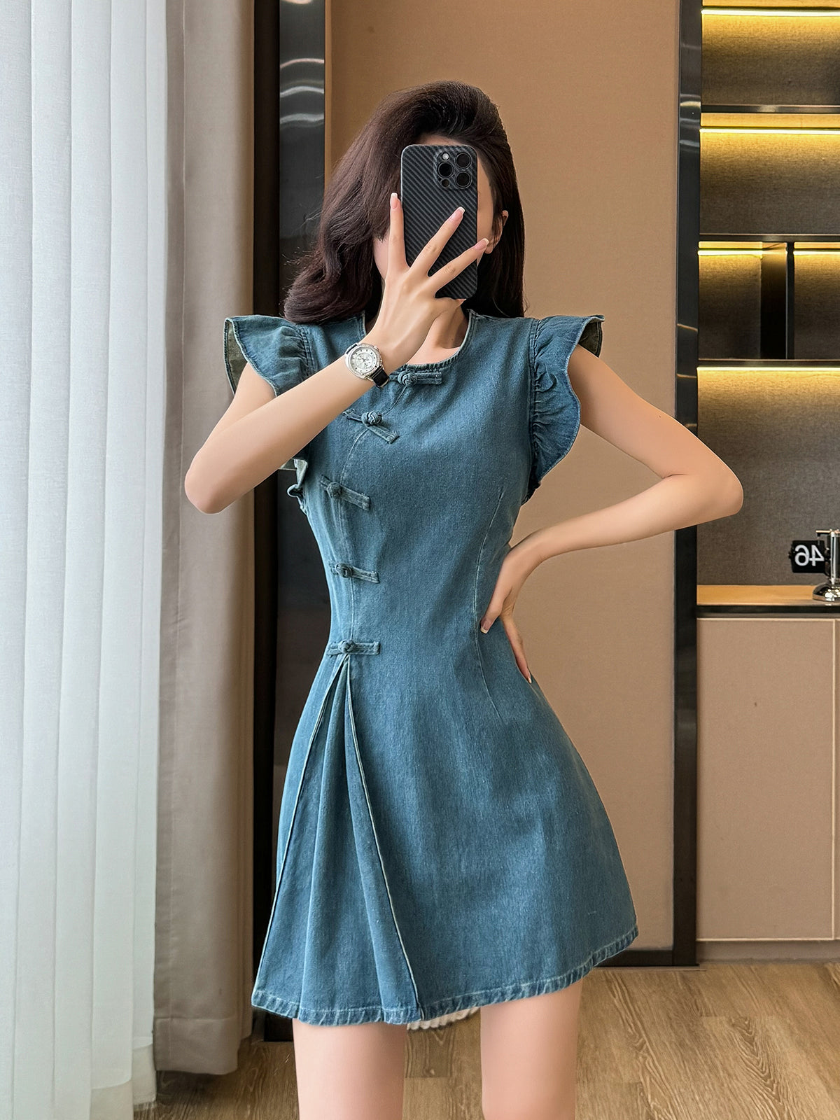 Cowboy dress, short skirt, new Chinese style, round neck, A-line, waist - slimming, high - waisted, figure - flattering