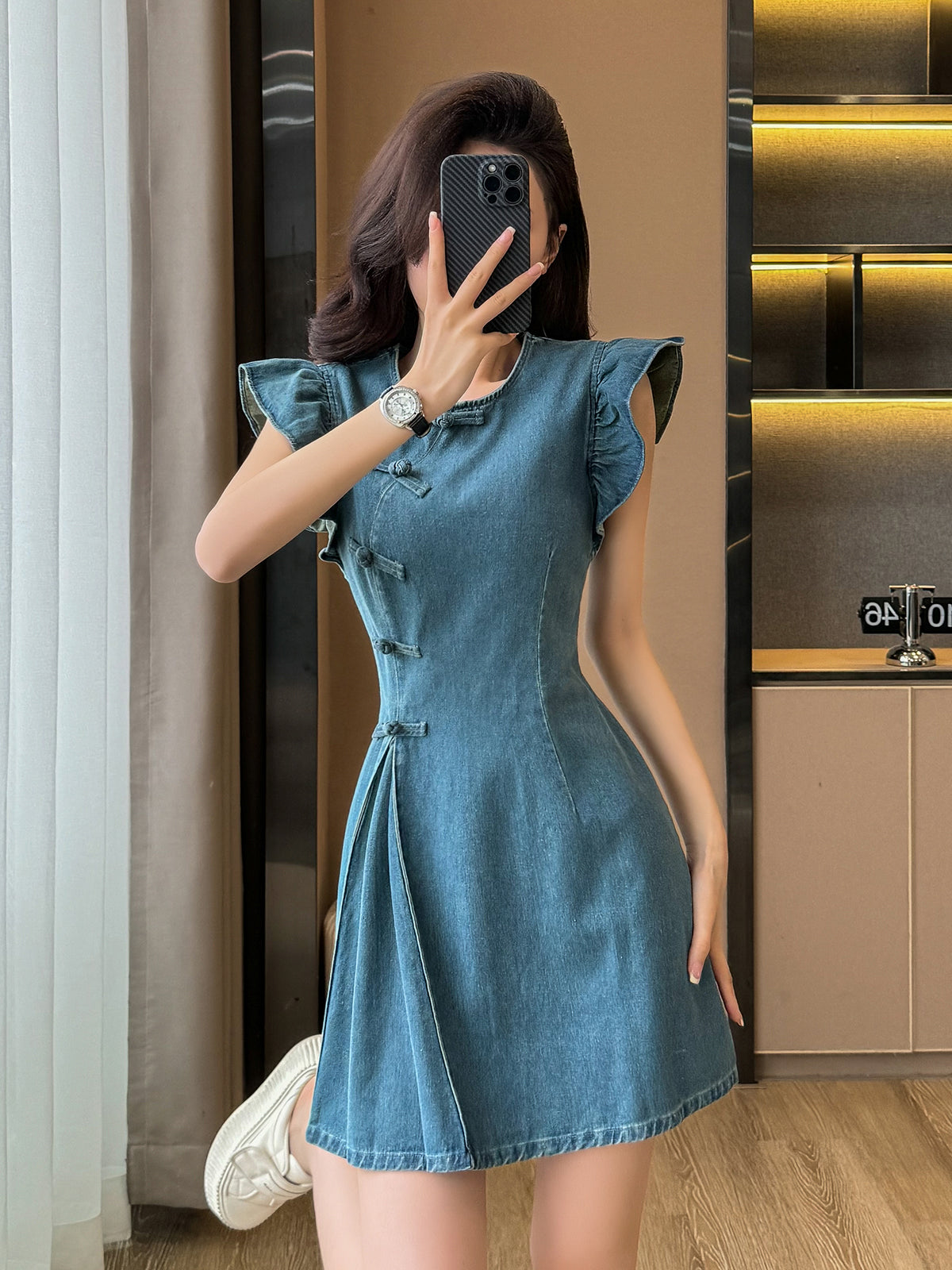 Cowboy dress, short skirt, new Chinese style, round neck, A-line, waist - slimming, high - waisted, figure - flattering