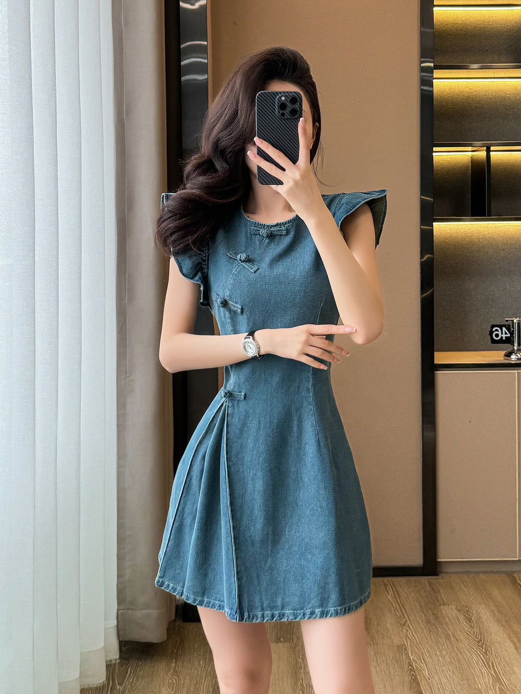 Cowboy dress, short skirt, new Chinese style, round neck, A-line, waist - slimming, high - waisted, figure - flattering