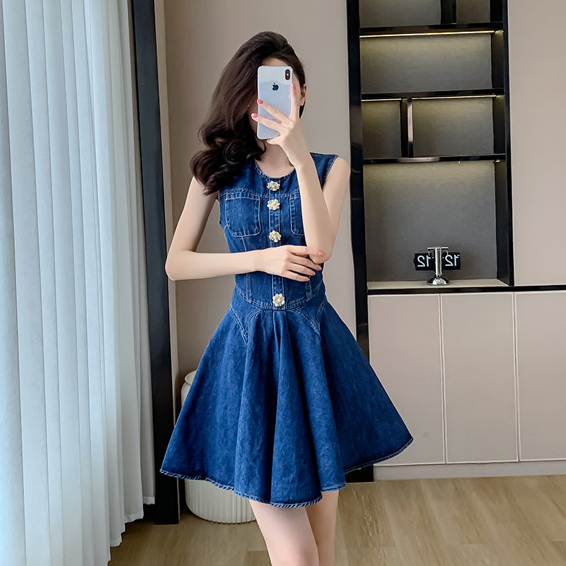 2025 Summer New Style Denim Dress, Sleeveless Mini Skirt, Pleated Skirt, Sweet and Slimming Ruffled Skirt