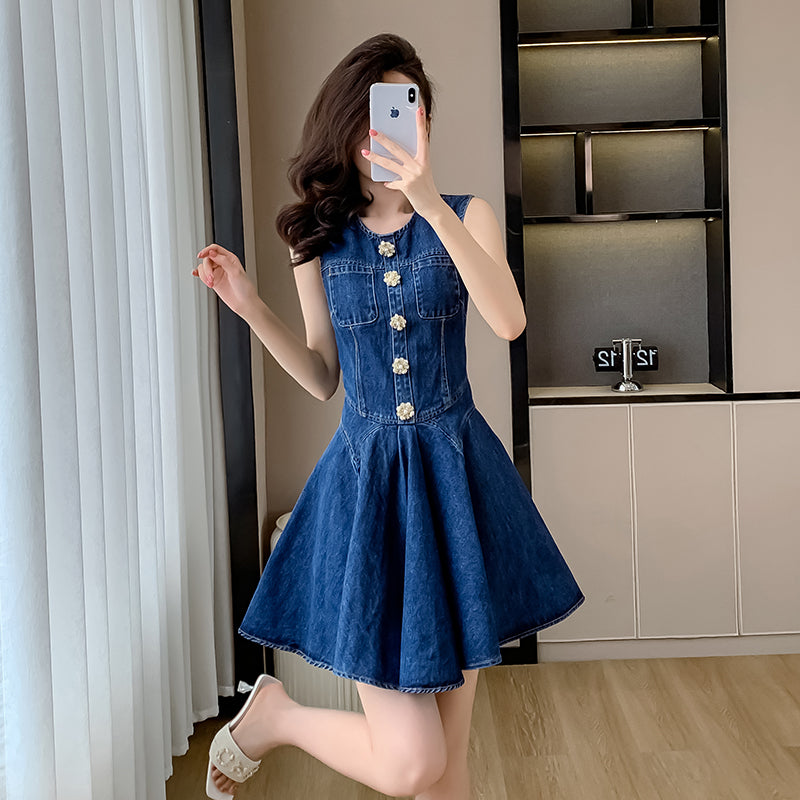 2025 Summer New Style Denim Dress, Sleeveless Mini Skirt, Pleated Skirt, Sweet and Slimming Ruffled Skirt