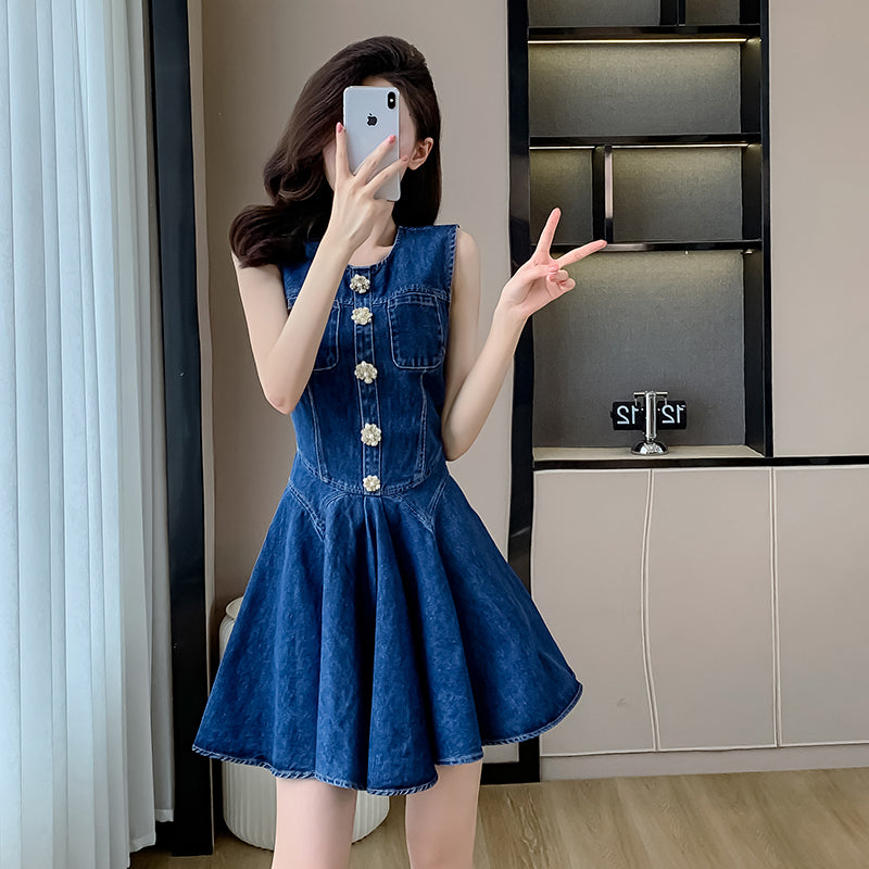 2025 Summer New Style Denim Dress, Sleeveless Mini Skirt, Pleated Skirt, Sweet and Slimming Ruffled Skirt