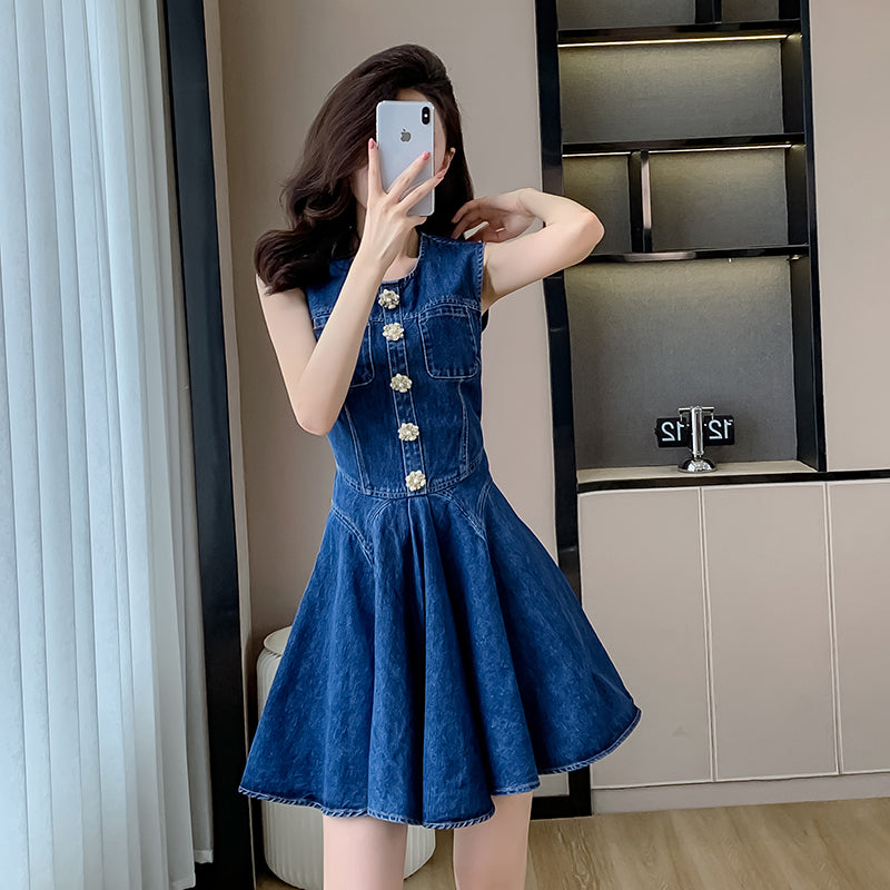 2025 Summer New Style Denim Dress, Sleeveless Mini Skirt, Pleated Skirt, Sweet and Slimming Ruffled Skirt