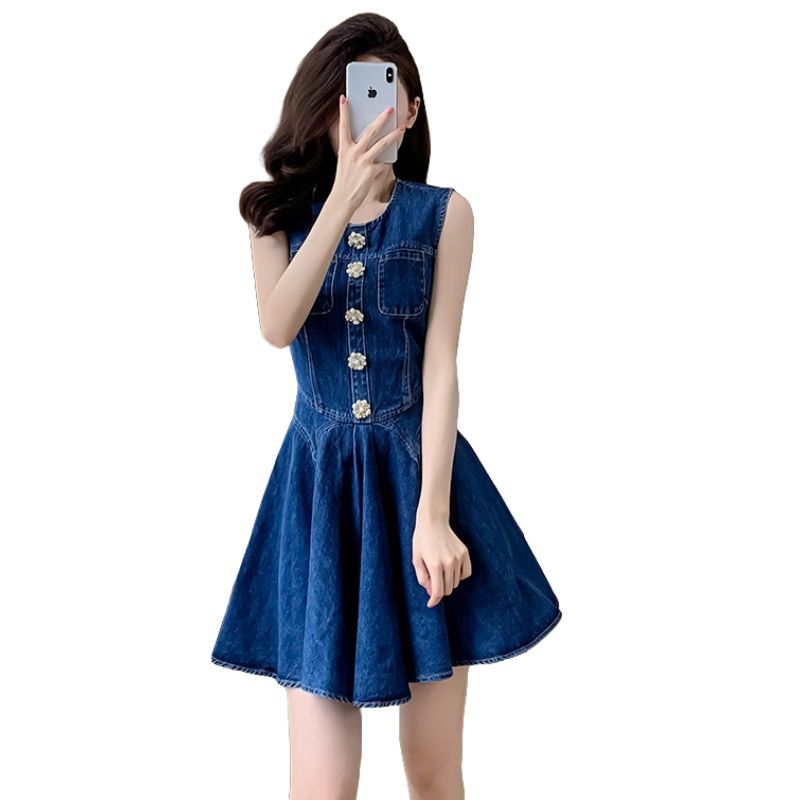 2025 Summer New Style Denim Dress, Sleeveless Mini Skirt, Pleated Skirt, Sweet and Slimming Ruffled Skirt