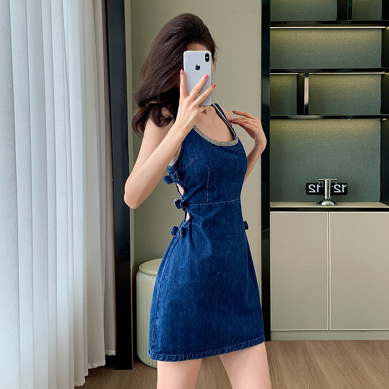 2025 Summer New Sleeveless Dress, Backless, Round Neck, Off-the-Shoulder Mini Dress, Waist-baring, Simple Style