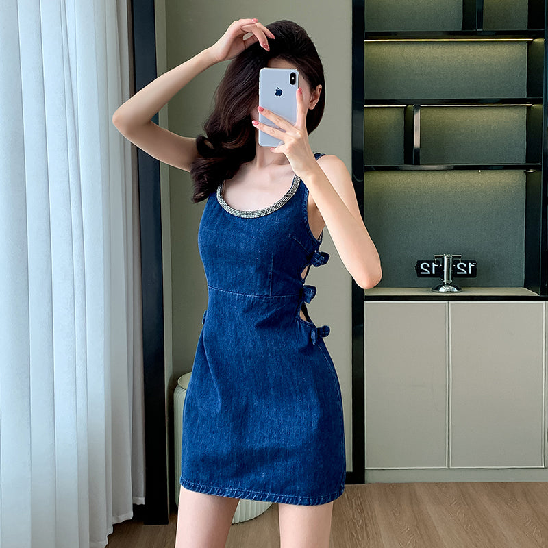 2025 Summer New Sleeveless Dress, Backless, Round Neck, Off-the-Shoulder Mini Dress, Waist-baring, Simple Style