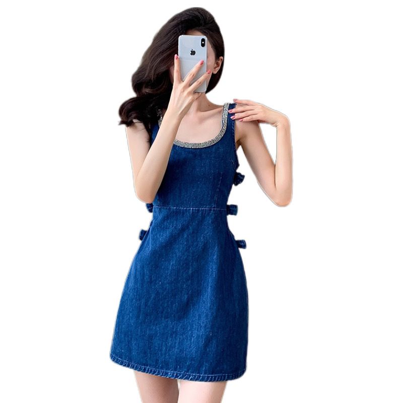 2025 Summer New Sleeveless Dress, Backless, Round Neck, Off-the-Shoulder Mini Dress, Waist-baring, Simple Style