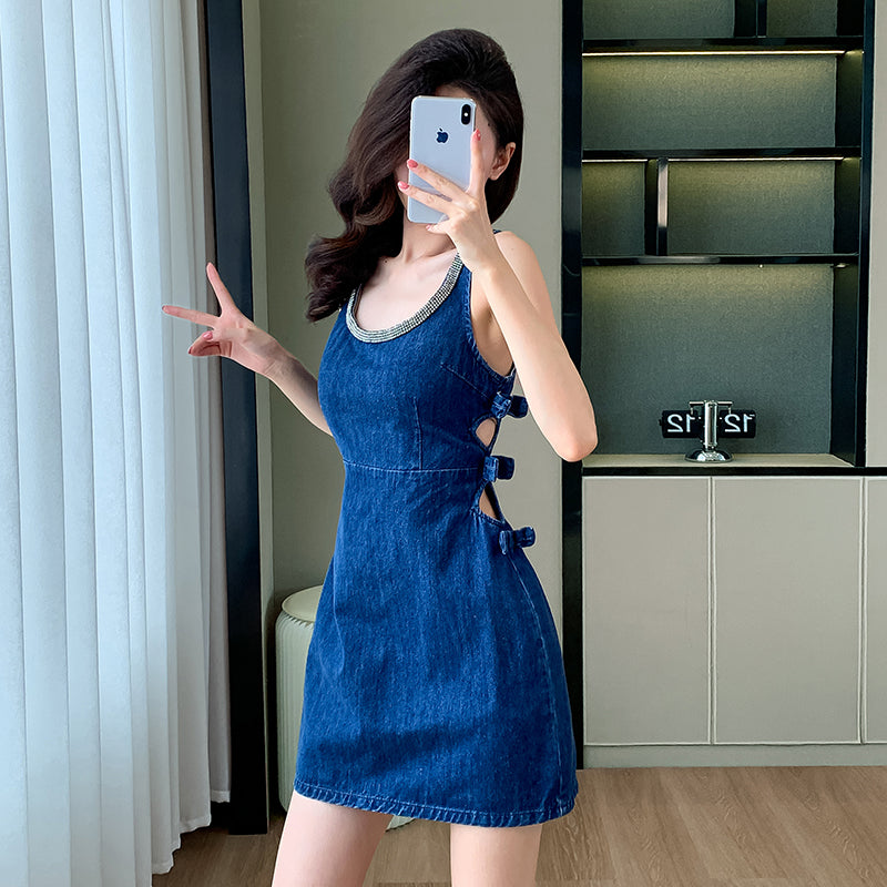 2025 Summer New Sleeveless Dress, Backless, Round Neck, Off-the-Shoulder Mini Dress, Waist-baring, Simple Style