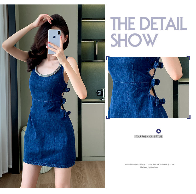 2025 Summer New Sleeveless Dress, Backless, Round Neck, Off-the-Shoulder Mini Dress, Waist-baring, Simple Style