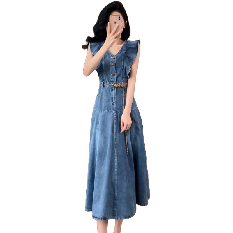 2025 Summer New Style Dress - Long Dress with Flutter Sleeves, Thin Denim Dress, Ruffled Skirt, Sleeveless, V - neck