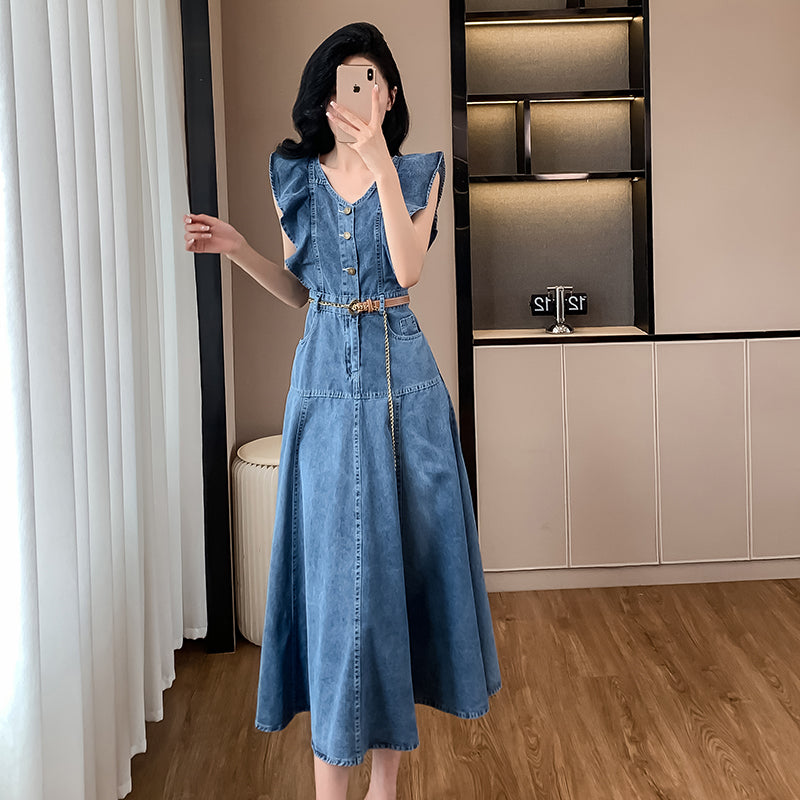 2025 Summer New Style Dress - Long Dress with Flutter Sleeves, Thin Denim Dress, Ruffled Skirt, Sleeveless, V - neck