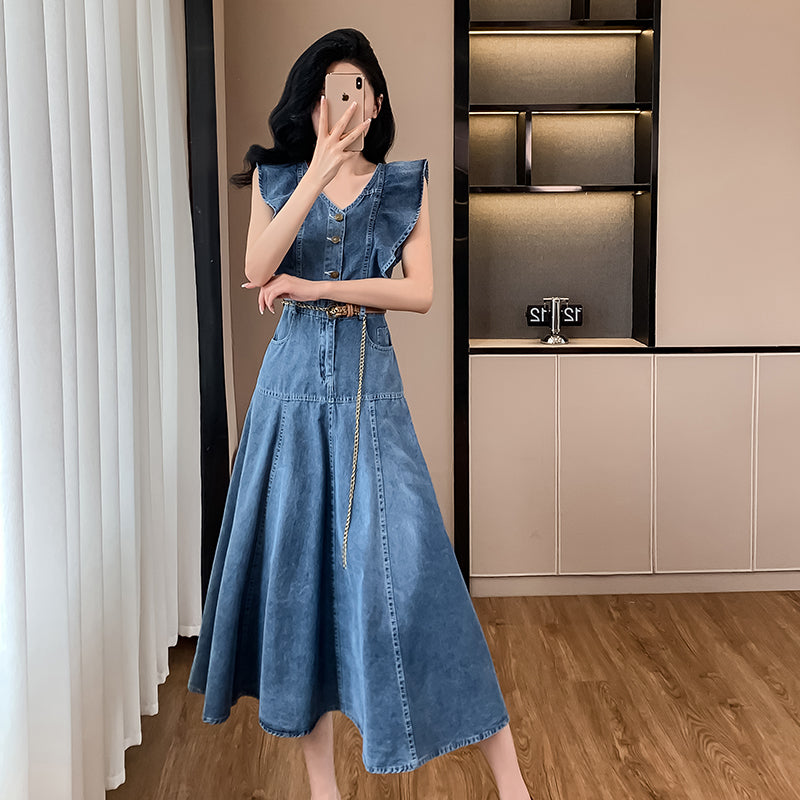 2025 Summer New Style Dress - Long Dress with Flutter Sleeves, Thin Denim Dress, Ruffled Skirt, Sleeveless, V - neck