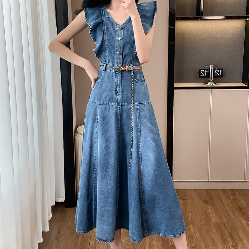 2025 Summer New Style Dress - Long Dress with Flutter Sleeves, Thin Denim Dress, Ruffled Skirt, Sleeveless, V - neck