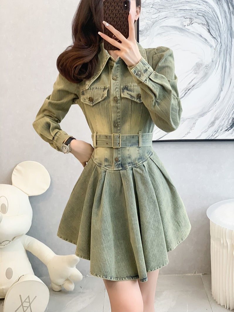 New Spring 2025 Denim Dresses - Short Dresses with Pleated and Ruffled Hem Long Sleeves, High Waist, Slimming Design