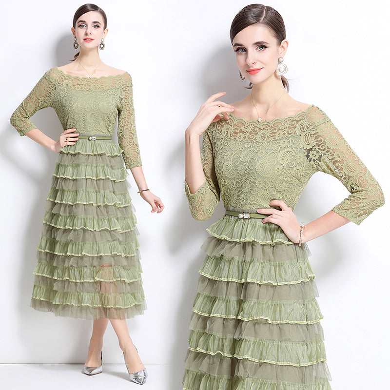 French retro high-end lace patchwork mesh cake skirt