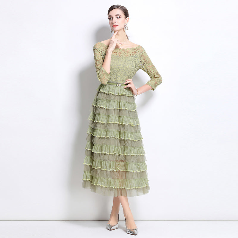 French retro high-end lace patchwork mesh cake skirt