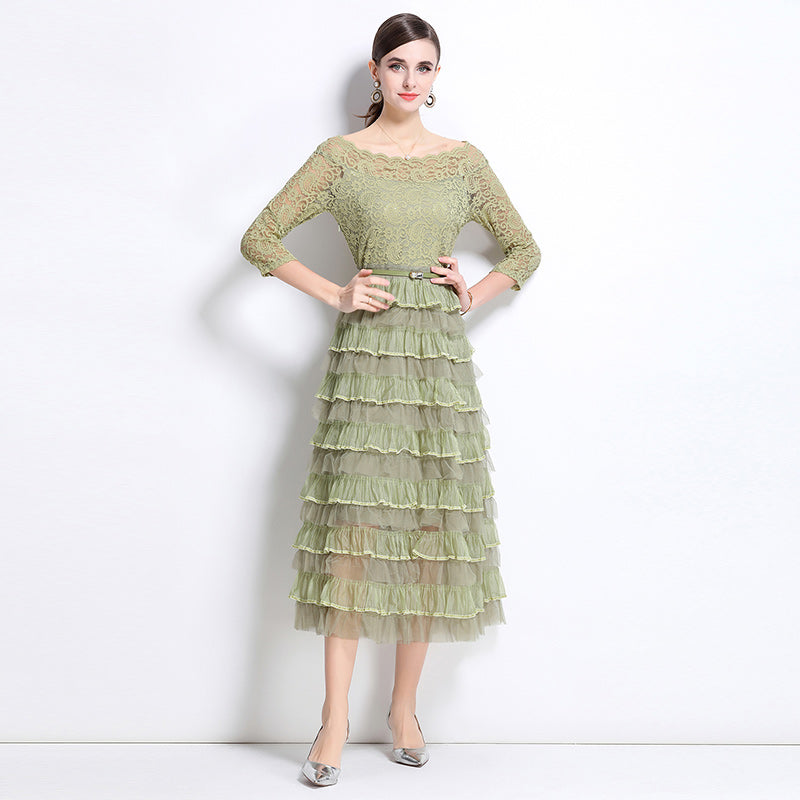 French retro high-end lace patchwork mesh cake skirt