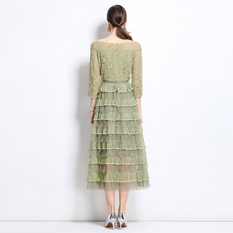 French retro high-end lace patchwork mesh cake skirt