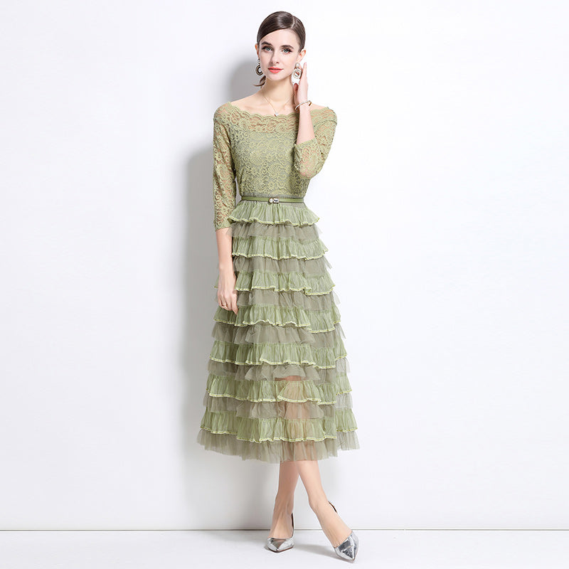 French retro high-end lace patchwork mesh cake skirt