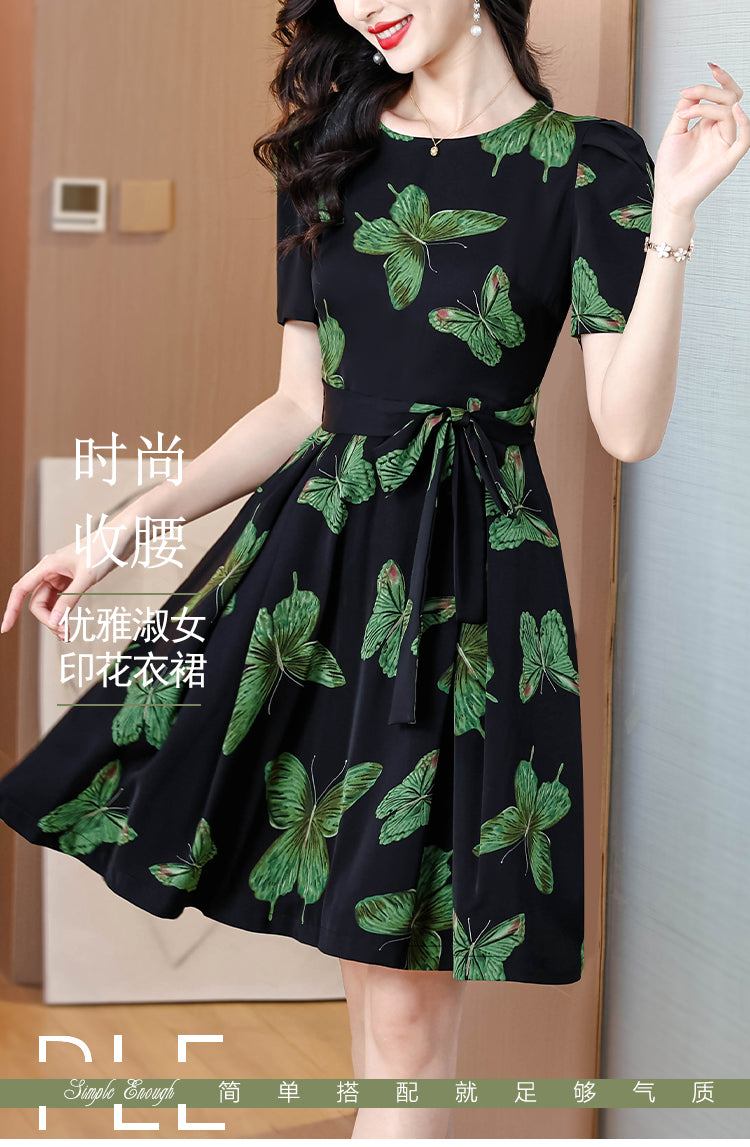 2025 summer new dress with slimming temperament and lace up chiffon print mid length skirt