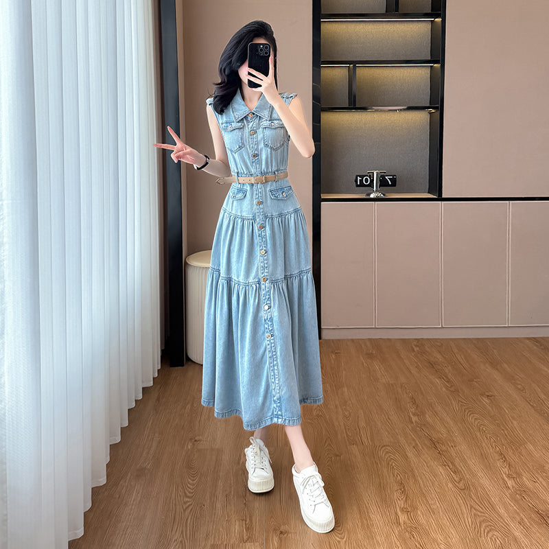 2025 New Summer Sleeveless Long Denim Dress, Waist - cinching, Slimming, with French - style High - end Sense