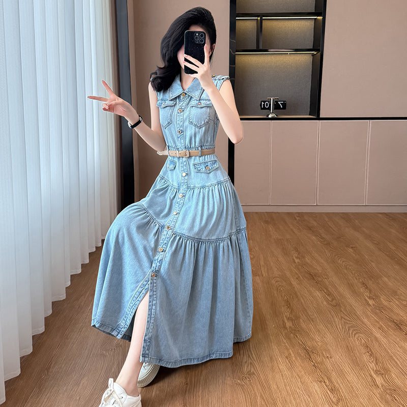 2025 New Summer Sleeveless Long Denim Dress, Waist - cinching, Slimming, with French - style High - end Sense