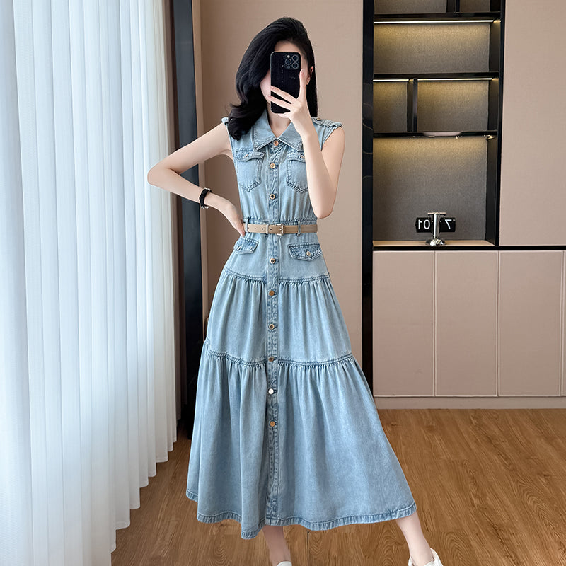 2025 New Summer Sleeveless Long Denim Dress, Waist - cinching, Slimming, with French - style High - end Sense