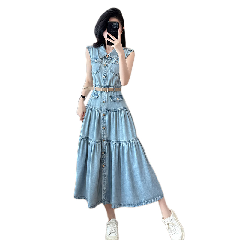 2025 New Summer Sleeveless Long Denim Dress, Waist - cinching, Slimming, with French - style High - end Sense