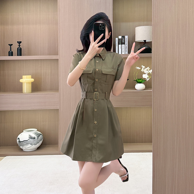 Summer new military green workwear dress, retro waist - cinching and belt - tied a - line short dress