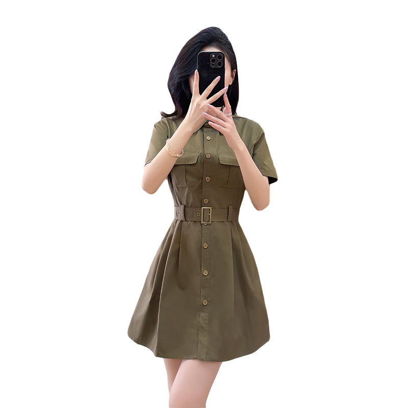 Summer new military green workwear dress, retro waist - cinching and belt - tied a - line short dress