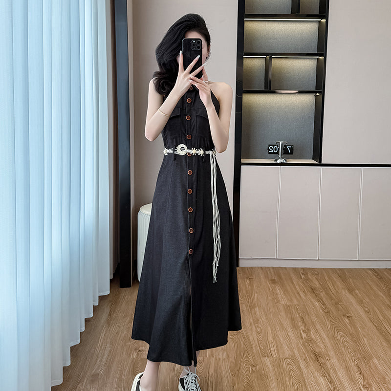 2025 Summer Sexy Off - the - Shoulder Sleeveless Denim Vest Dress, Long Dress with a Unique Design Sense