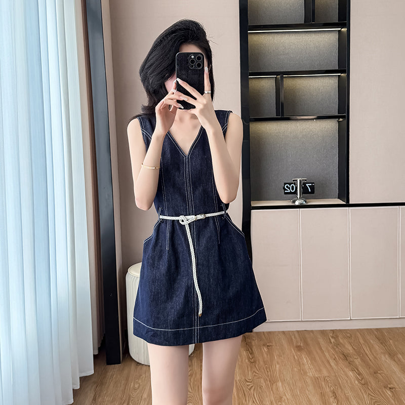 2025 Summer New V - neck Sleeveless Vest Dress with Denim Mini - skirt, Waist - cinching and Slimming