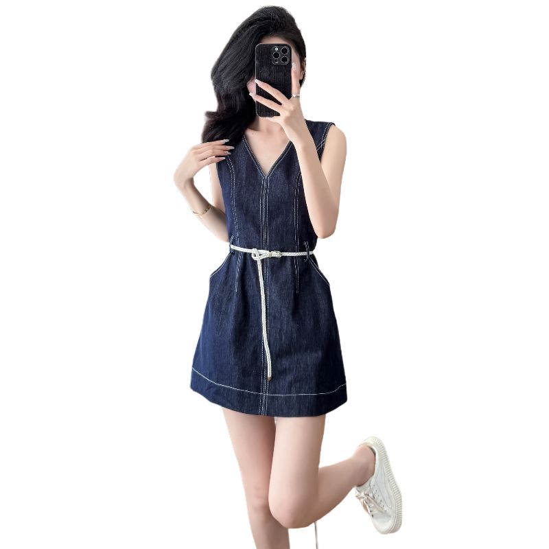 2025 Summer New V - neck Sleeveless Vest Dress with Denim Mini - skirt, Waist - cinching and Slimming