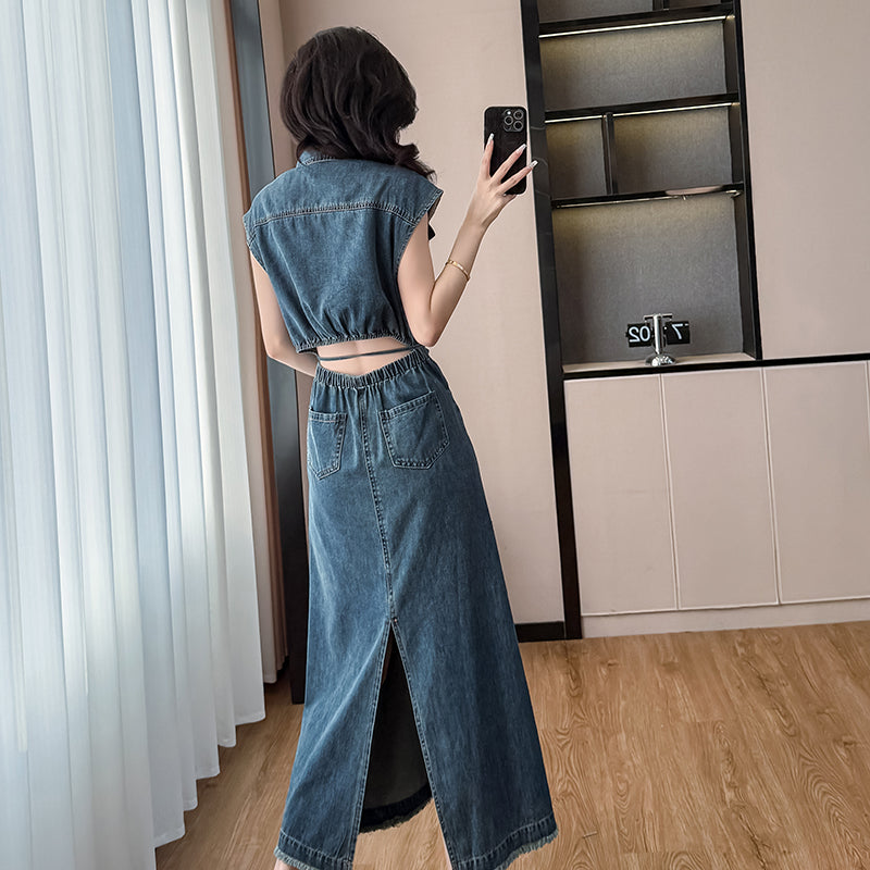 New summer 2025 Hong Kong - style denim dress, featuring small flying sleeves or sleeveless design, long dress with a lace - up detail and a waist - revealing style