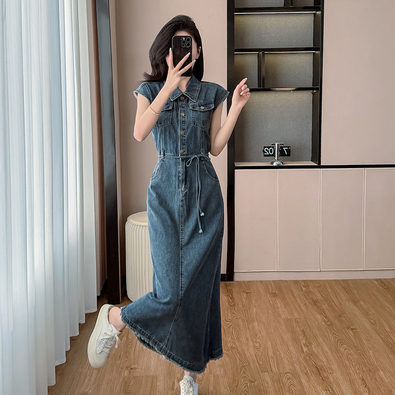 New summer 2025 Hong Kong - style denim dress, featuring small flying sleeves or sleeveless design, long dress with a lace - up detail and a waist - revealing style