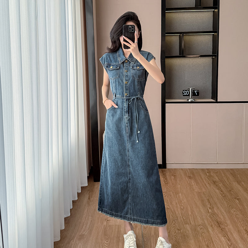 New summer 2025 Hong Kong - style denim dress, featuring small flying sleeves or sleeveless design, long dress with a lace - up detail and a waist - revealing style