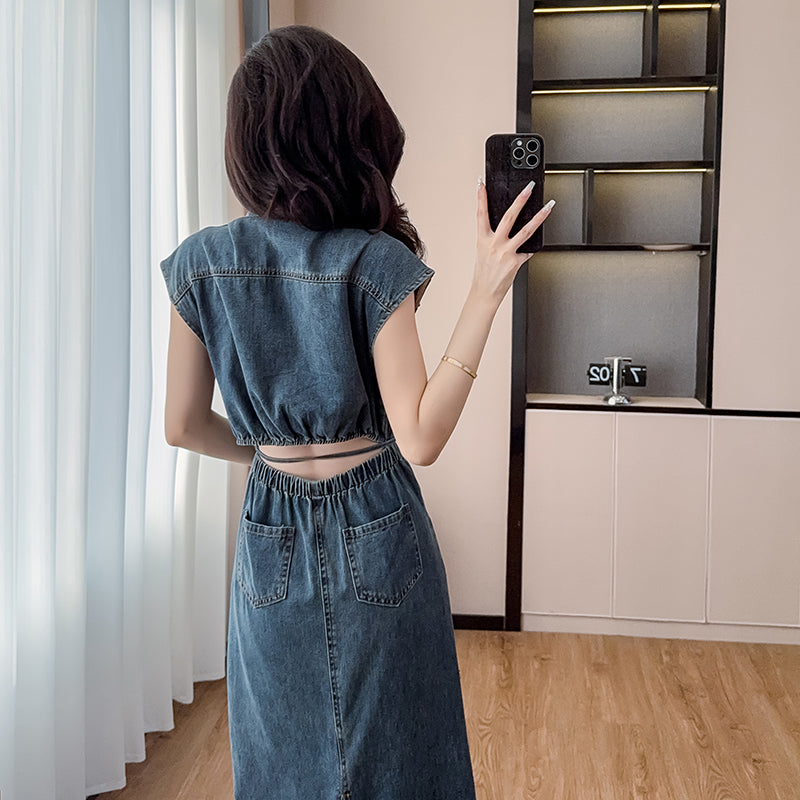 New summer 2025 Hong Kong - style denim dress, featuring small flying sleeves or sleeveless design, long dress with a lace - up detail and a waist - revealing style