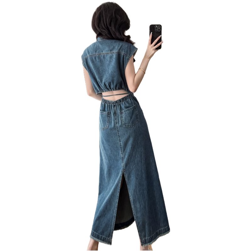 New summer 2025 Hong Kong - style denim dress, featuring small flying sleeves or sleeveless design, long dress with a lace - up detail and a waist - revealing style