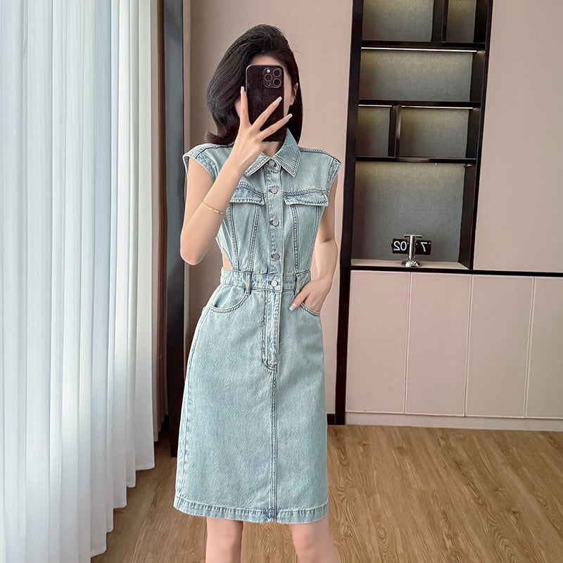 New summer styles of cropped denim dresses with short skirts, featuring a sleeveless A-line design in a trendy Hong Kong style, perfect for spicy girls.