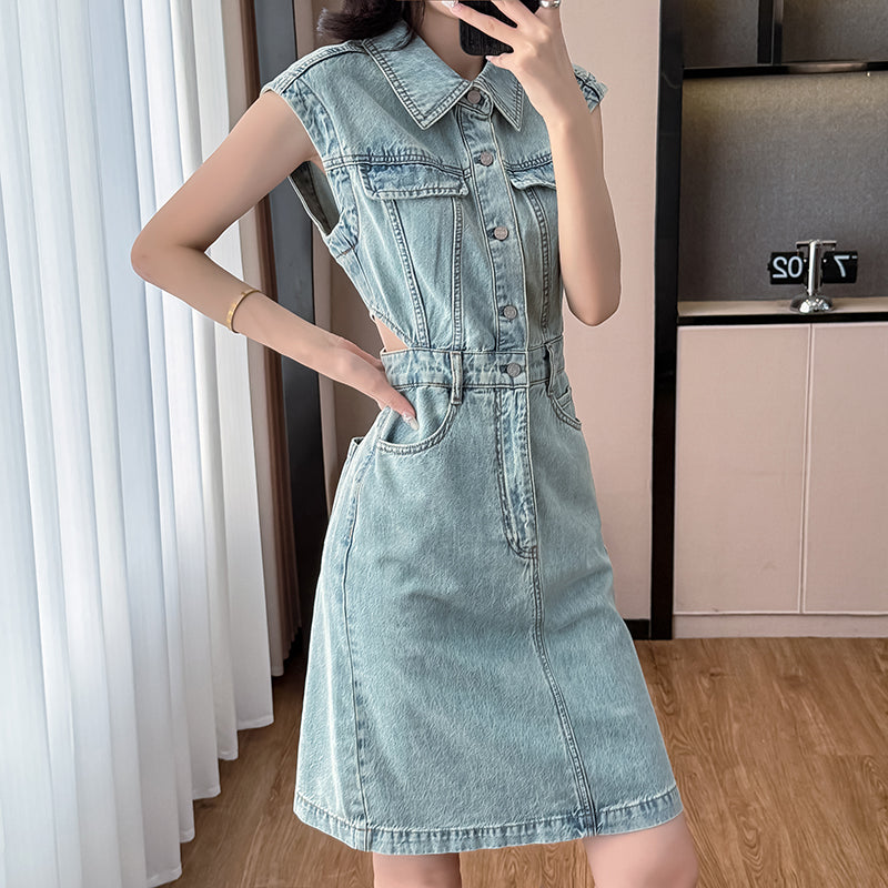 New summer styles of cropped denim dresses with short skirts, featuring a sleeveless A-line design in a trendy Hong Kong style, perfect for spicy girls.