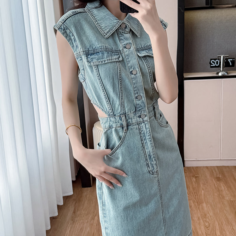 New summer styles of cropped denim dresses with short skirts, featuring a sleeveless A-line design in a trendy Hong Kong style, perfect for spicy girls.