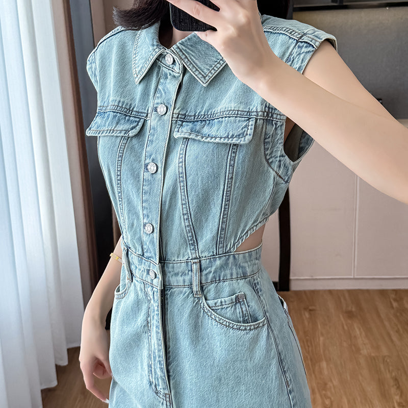 New summer styles of cropped denim dresses with short skirts, featuring a sleeveless A-line design in a trendy Hong Kong style, perfect for spicy girls.