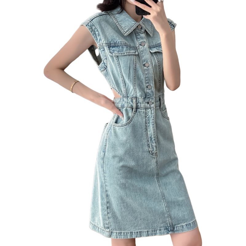 New summer styles of cropped denim dresses with short skirts, featuring a sleeveless A-line design in a trendy Hong Kong style, perfect for spicy girls.