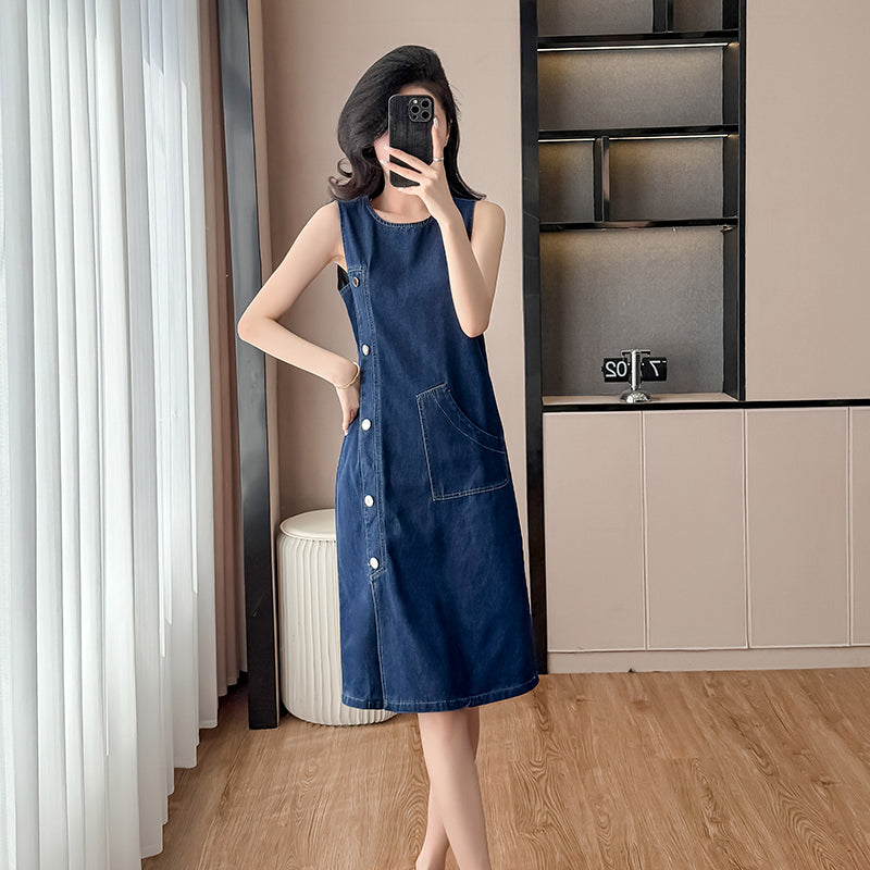 2025 Summer New Loose Straight Tube Dress, Plus Size Hong Kong-style Denim Midi Dress, Sleeveless with Round Neck