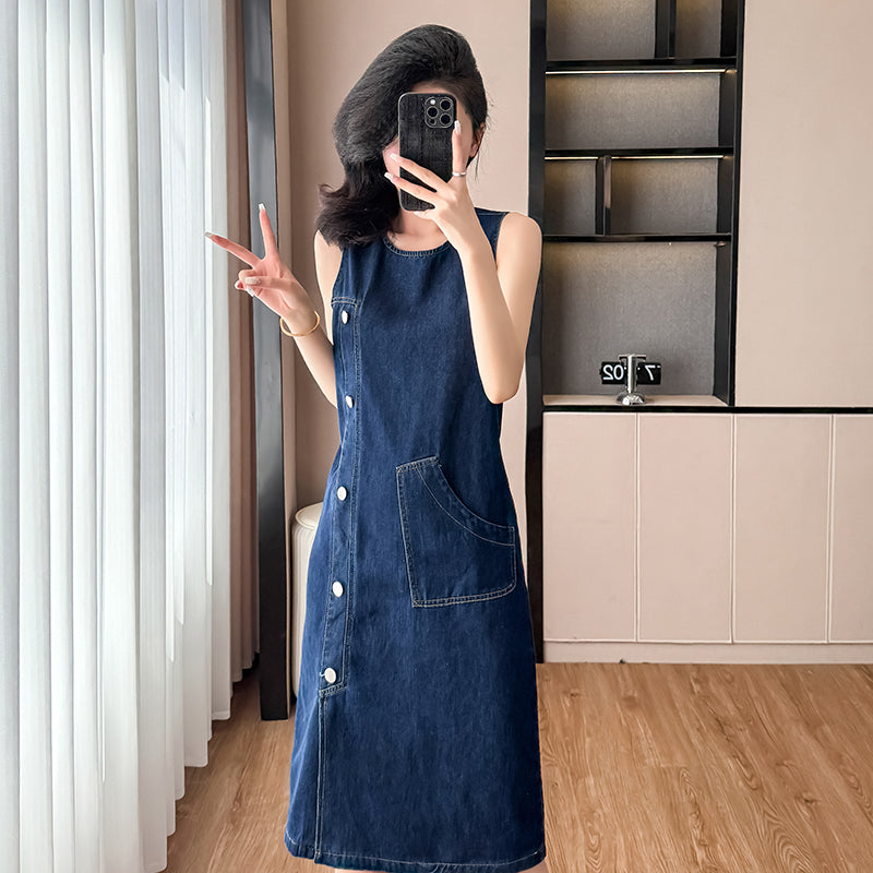 2025 Summer New Loose Straight Tube Dress, Plus Size Hong Kong-style Denim Midi Dress, Sleeveless with Round Neck